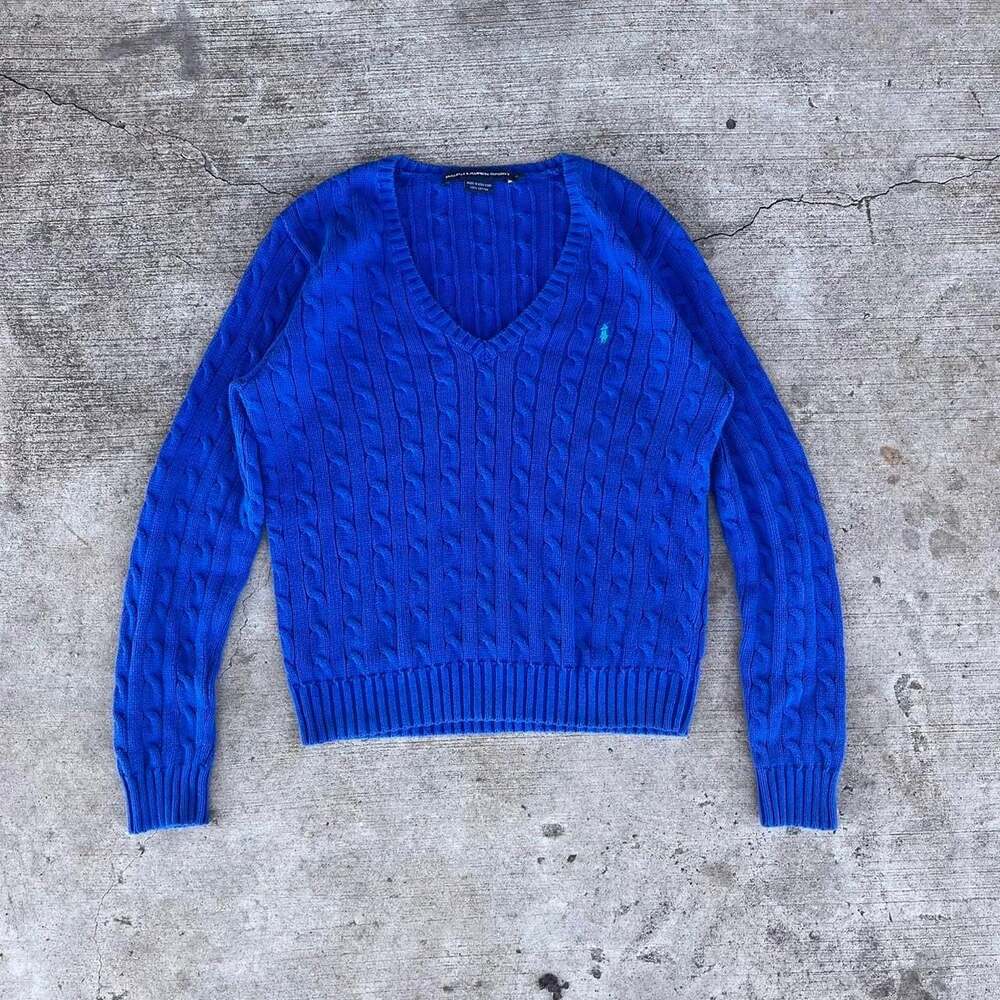 Vintage Ralph Lauren Sport Blue Cable Knit V-Neck Sweater Size XL